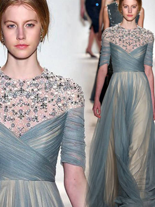 A-line Jewel Floor Length Tulle Evening Dress Pearls