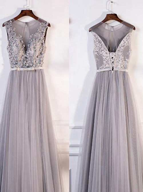 A-line V Neck Floor Length Tulle Lace Evening Dress