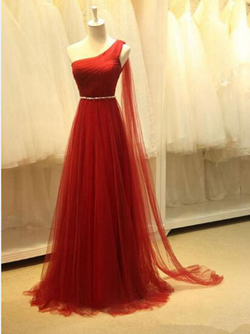 A-line One Shoulder Brush Train Tulle Evening Gown