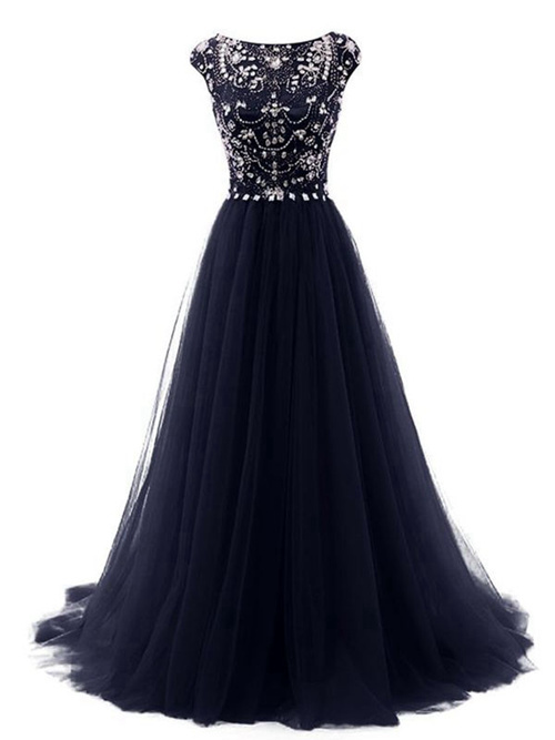 A-line Scoop Sweep Train Tulle Evening Dress Beading