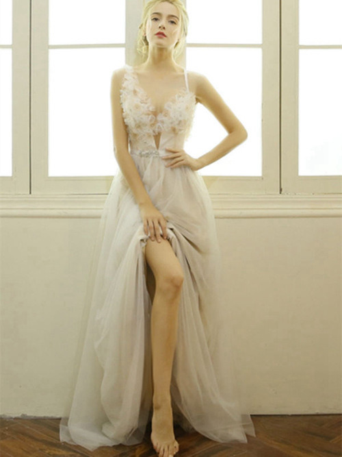 A-line V Neck Floor Length Tulle Evening Gown Ruffles