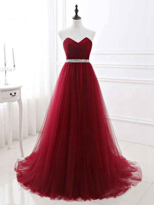 A-line Sweetheart Tulle Long Evening Gown Beading