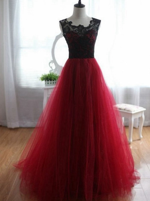 A-line Scoop Tulle Lace Long Evening Dress