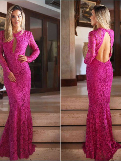 Mermaid Jewel Floor Length Lace Evening Dress