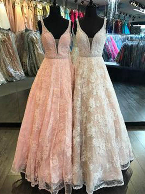 A-line V Neck Floor Length Lace Evening Dress