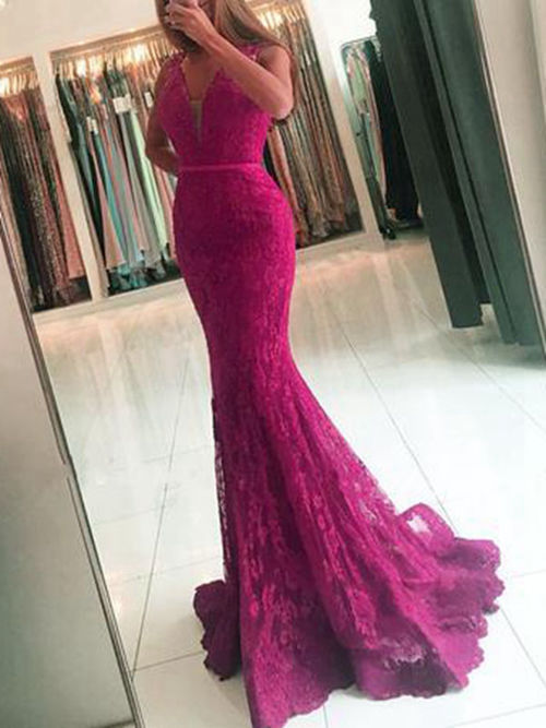 Mermaid V Neck Sweep Train Lace Evening Gown