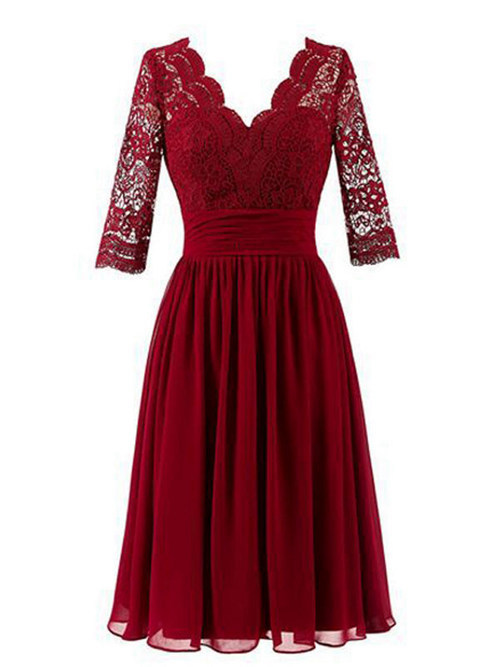 A-line V Neck Tea Length Chiffon Lace Evening Dress
