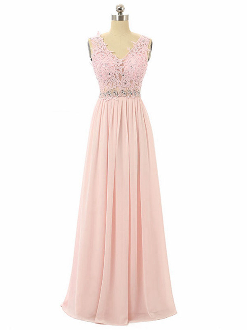 A-line V Neck Floor Length Lace Chiffon Evening Dress Beads