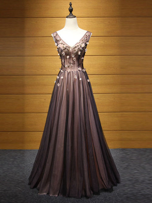 A-line V Neck Floor Length Chiffon Evening Dress Applique