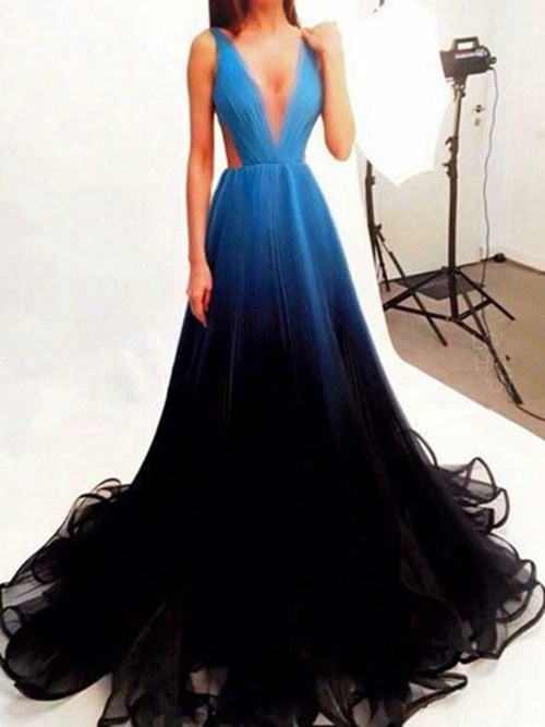 Stunning A-line V Neck Sweep Train Tulle Evening Dress