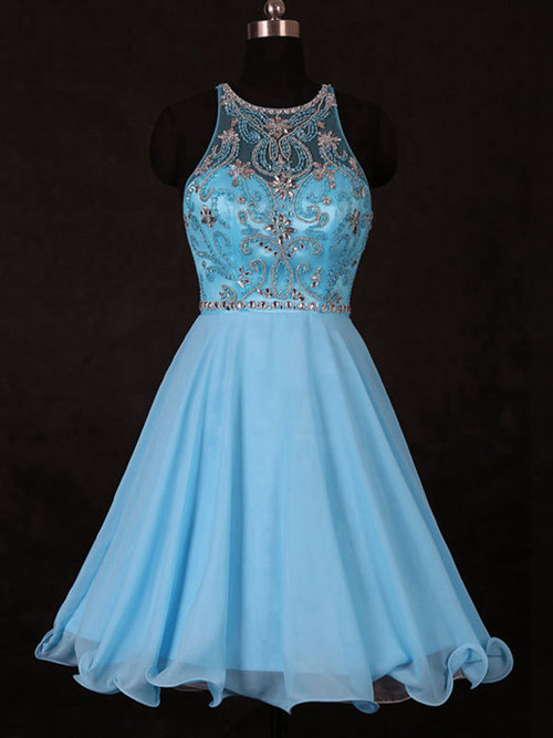A-line Jewel Tea Length Chiffon Evening Dress Beads