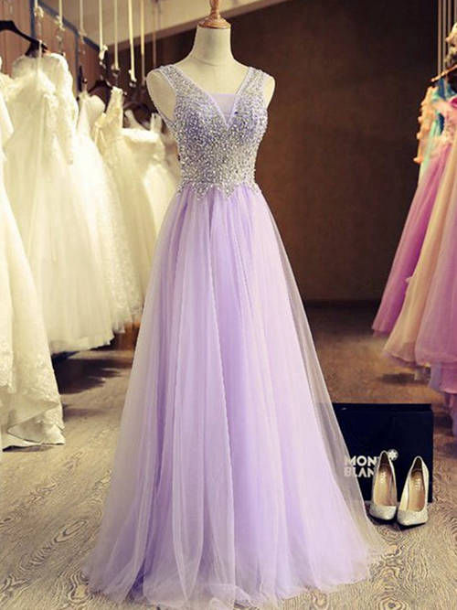 A-line V Neck Chiffon Long Evening Gown Beads