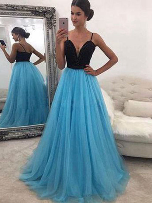 A-line Spaghetti Straps Tulle Long Evening Dress