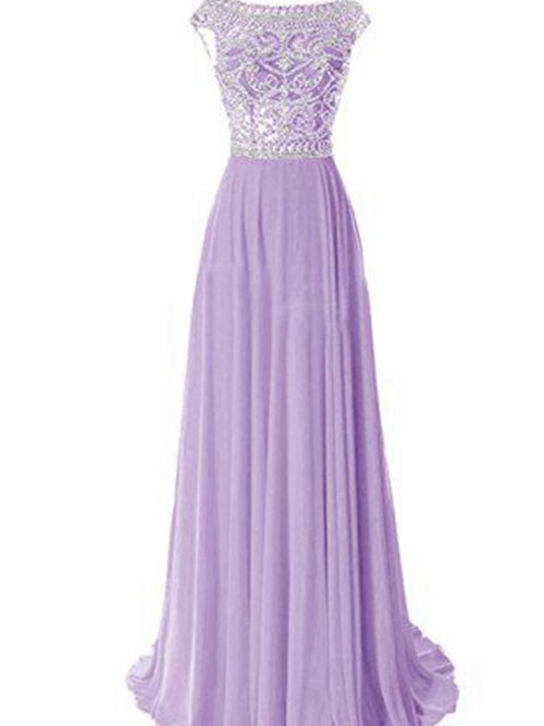 A-line Scoop Brush Train Chiffon Evening Gown Beading