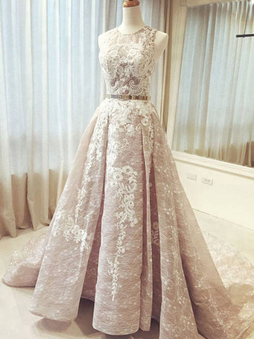 A-line Jewel Lace Long Evening Dress Applique