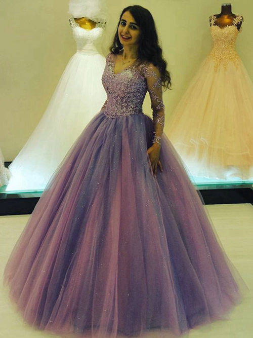 Princess V Neck Organza Long Evening Dress Lace