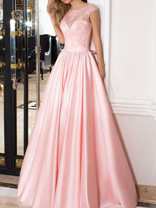 A-line Sheer Satin Lace Long Evening Dress