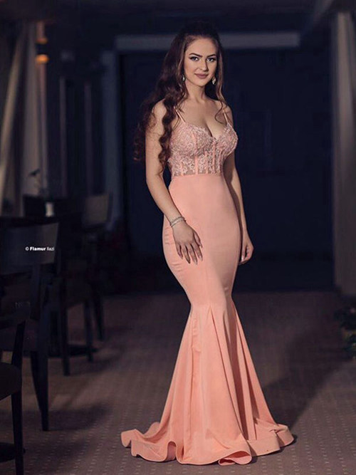 Mermaid Spaghetti Straps Chiffon Lace Long Evening Dress