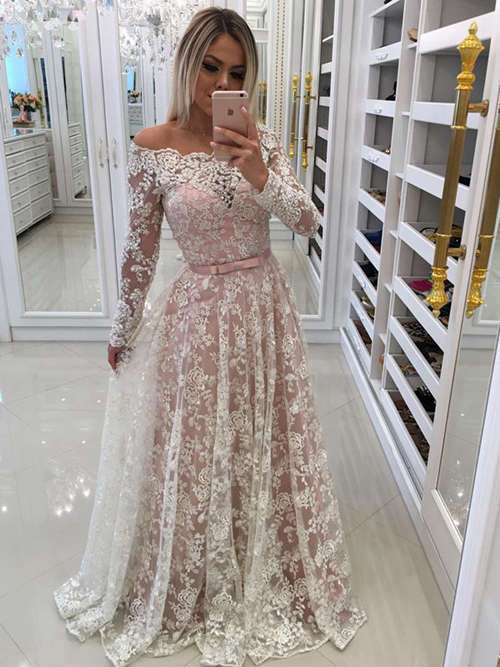 A-line Scoop Lace Long Sleeves Evening Dress