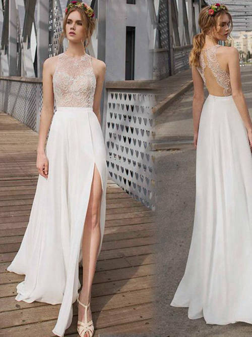 A-line Jewel Lace Chiffon Long Evening Dress