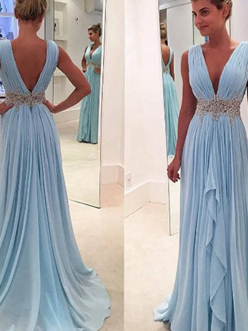 A-line V Neck Sweep Train Chiffon Evening Gown Beading
