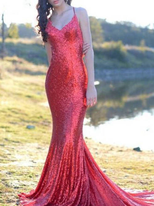 Mermaid Spaghetti Straps Sequins Long Evening Dress