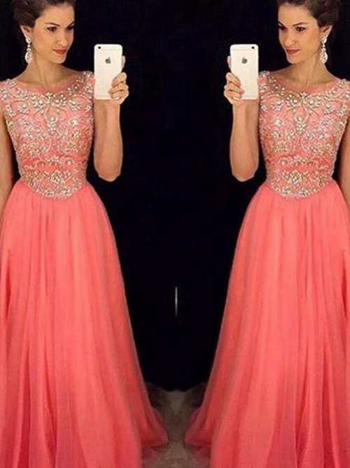 A-line Scoop Floor Length Tulle Evening Gown Beading