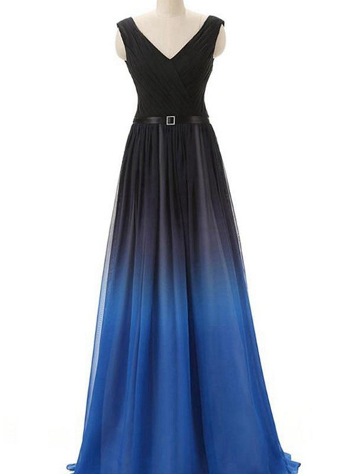 A-line V Neck Chiffon Long Ombre Evening Dress Ruched