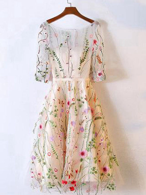 A-line Scoop Tea Length Floral Evening Dress