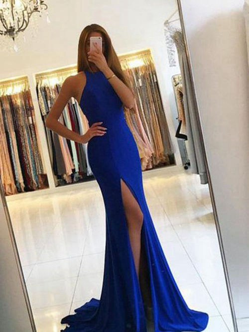 Mermaid Jewel Chiffon Long Blue Evening Dress
