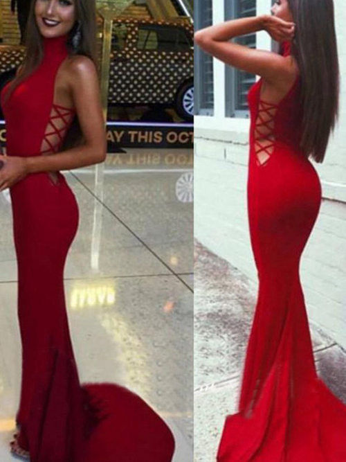 Mermaid High Neck Chiffon Red Evening Gown