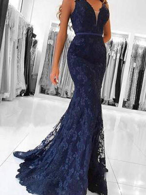 Mermaid V Neck Long Lace Evening Dress