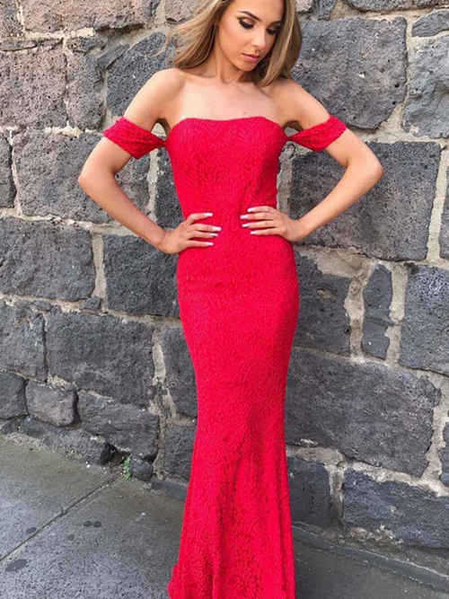 Sheath Off Shoulder Lace Red Evening Gown