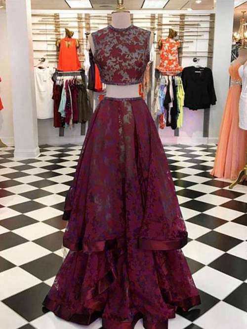 A-line Jewel Lace 2 Piece Evening Wear