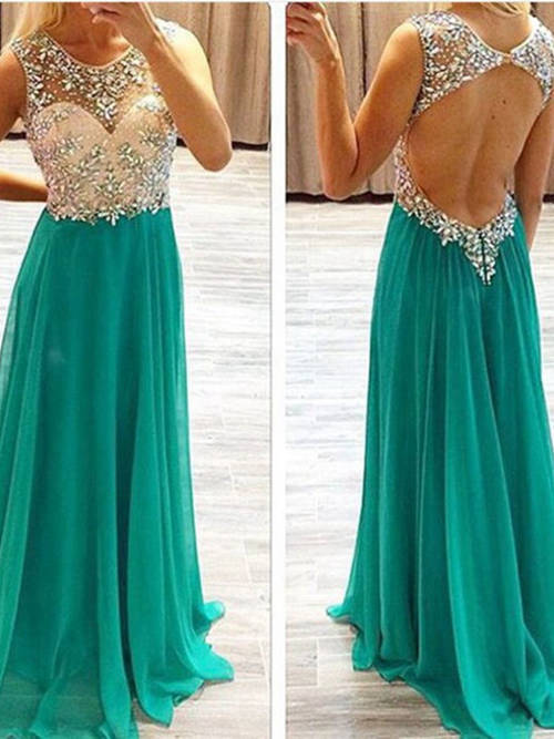 A-line Scoop Chiffon Evening Gown Beads