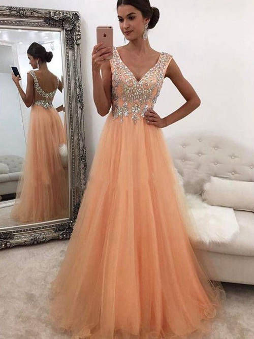 A-line V Neck Tulle Long Evening Wear Beads