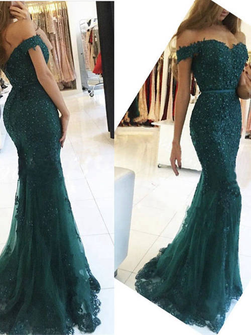 Mermaid Off Shoulder Lace Evening Gown Beads