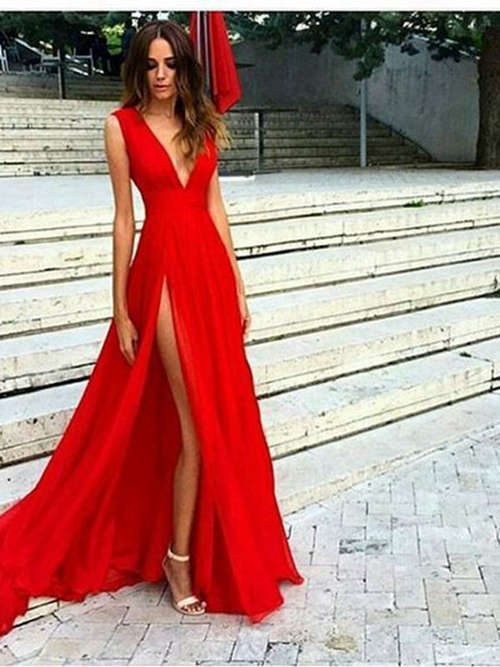 A-line V Neck Long Chiffon Red Evening Dress