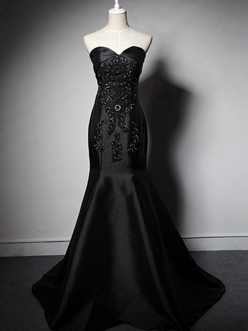 Mermaid Sweetheart Long Satin Black Evening Dress Applique