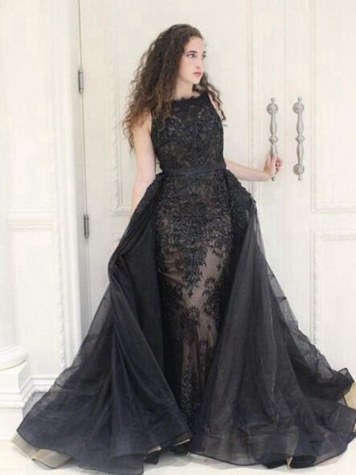 Sheath Bateau Lace Long Black Evening Dress