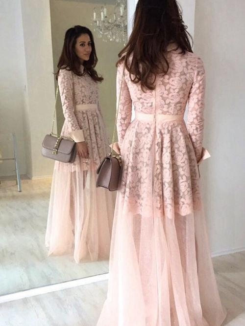 A-line High Neck Floor Length Chiffon Lace Evening Dress