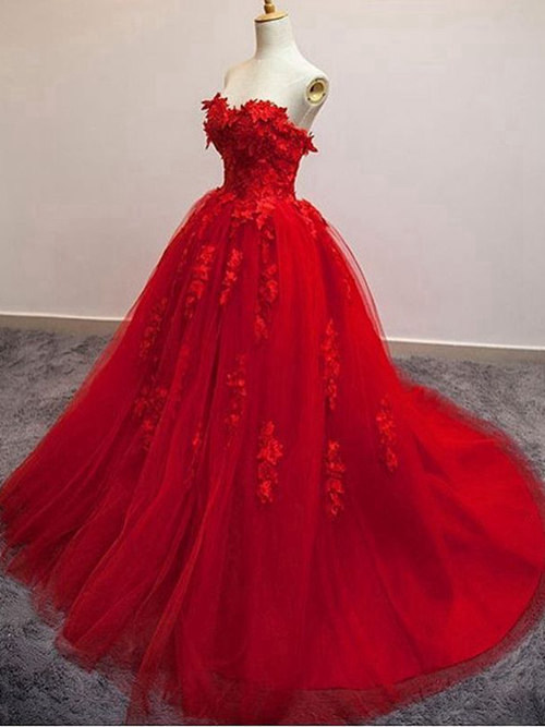 A-line Sweetheart Long Tulle Red Evening Dress Applique