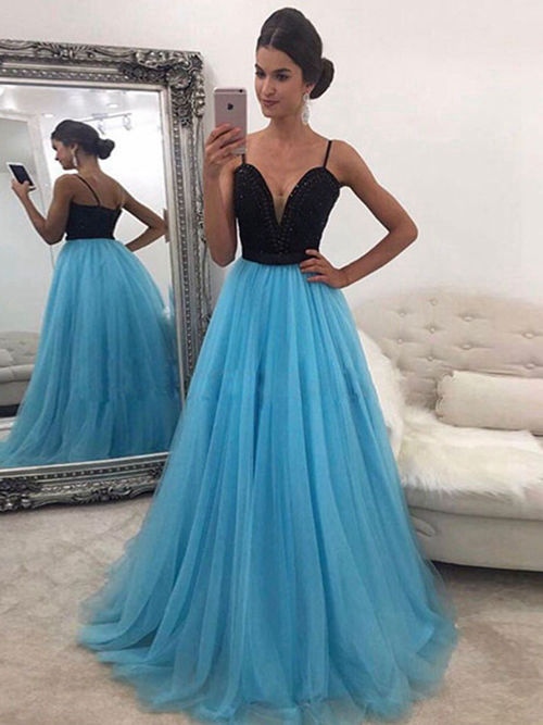 A-line Spaghetti Straps Long Tulle Evening Dress