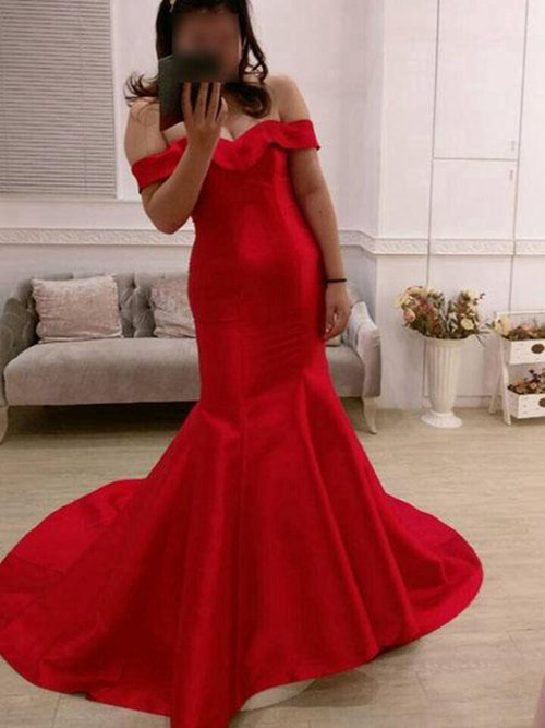 Mermaid Off Shoulder Long Satin Red Evening Dress