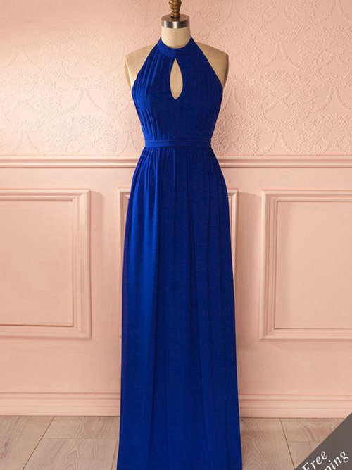 Column Halter Floor Length Chiffon Blue Evening Dress