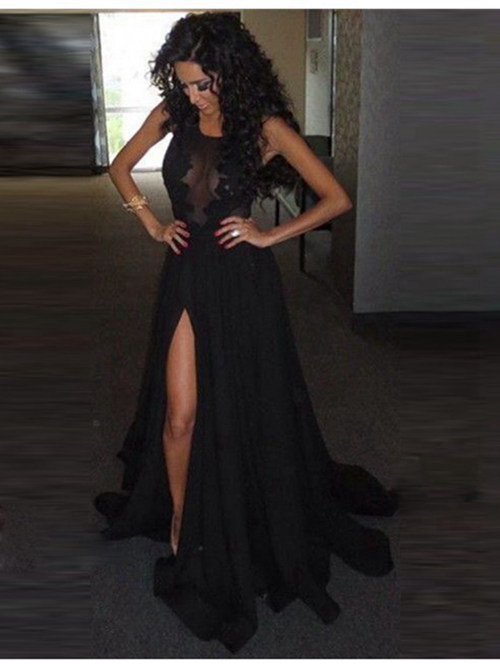 A-line Jewel Chiffon Long Black Evening Dress