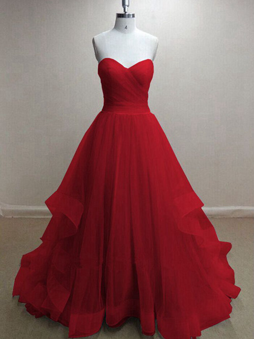 A-line Sweetheart Tulle Red Long Evening Dress