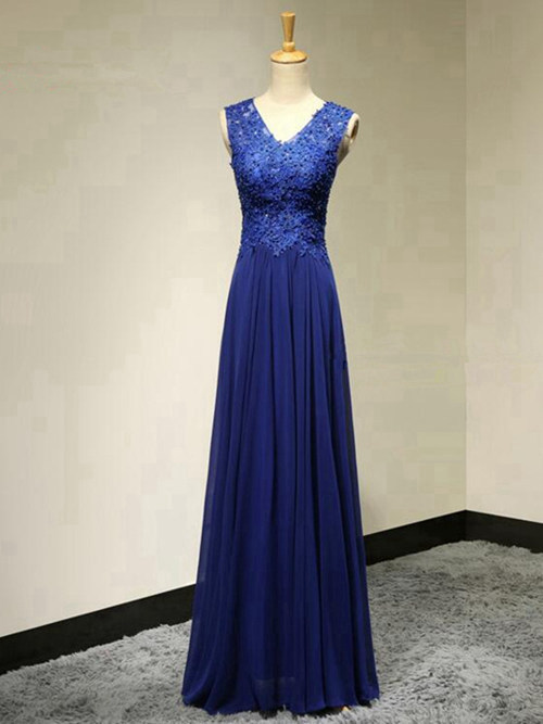A-line V Neck Floor Length Chiffon Lace Evening Dress