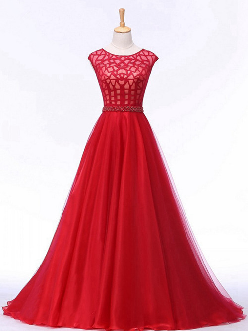 A-line Scoop Long Chiffon Red Evening Dress Beads
