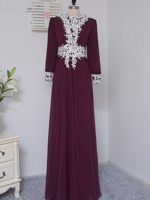 A-line Jewel Floor Length Chiffon Evening Dress Applique